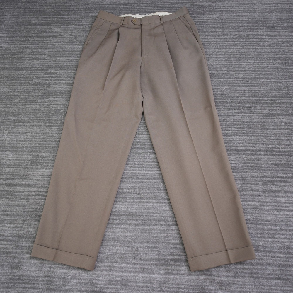 Alfani Mens 34x30 (29.5) Brown Wool Pleated Dress Pants Cuffed Straight Leg
